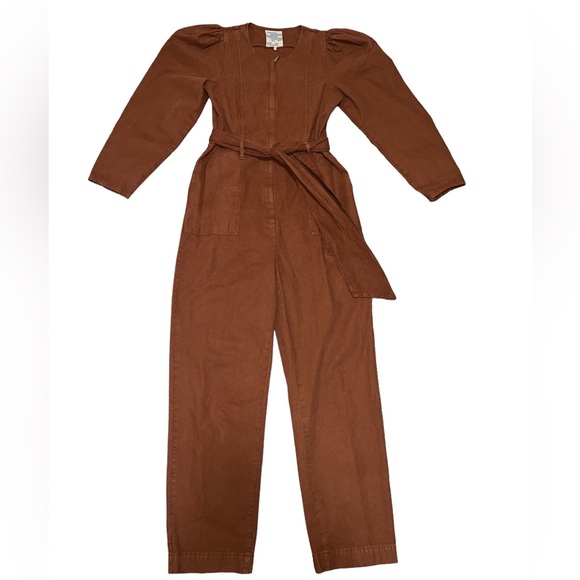 Baum und Pferdgardten Noralee Jumpsuit Sz 6 Puffed Shoulder Belted Rust Brown - Picture 3 of 8